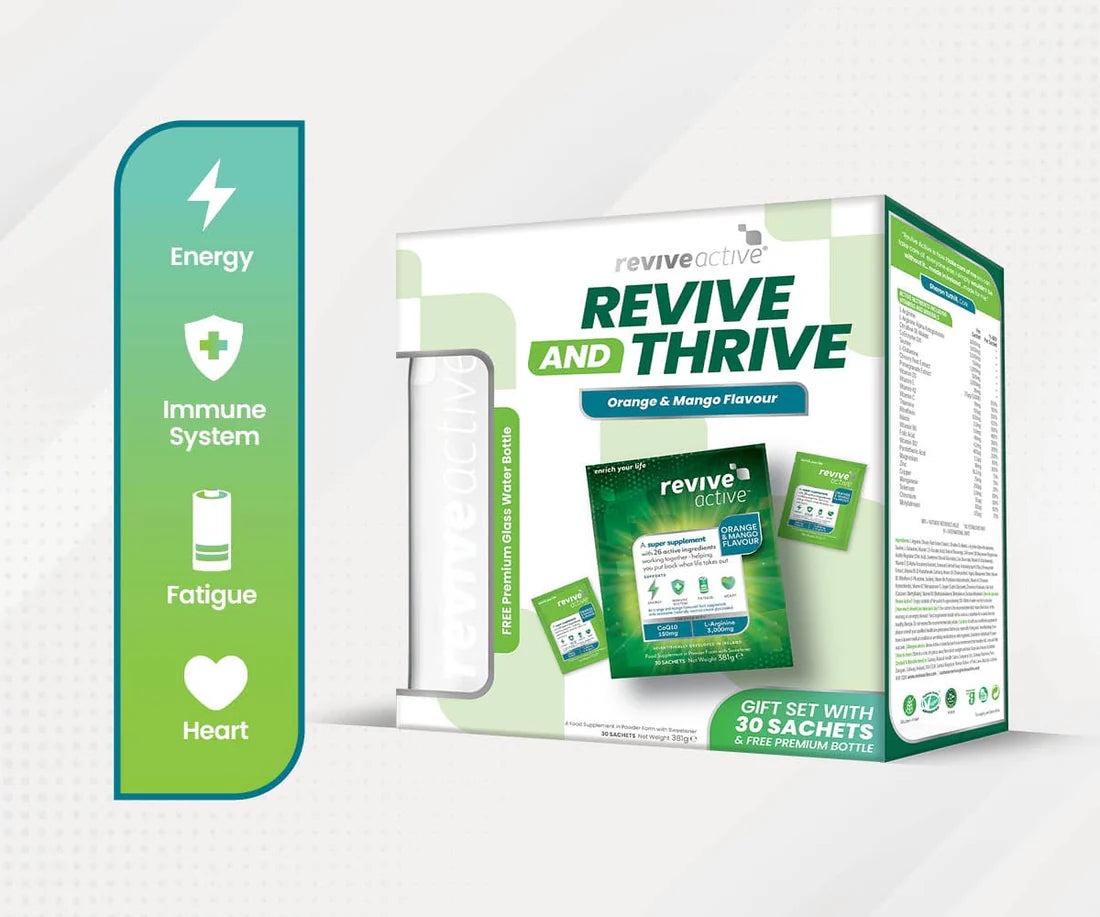 Worth €79.90 Revive and Thrive Gift Set contains 30 sachets of Revive Active(original) plus a premium glass bottle(Worth €20)