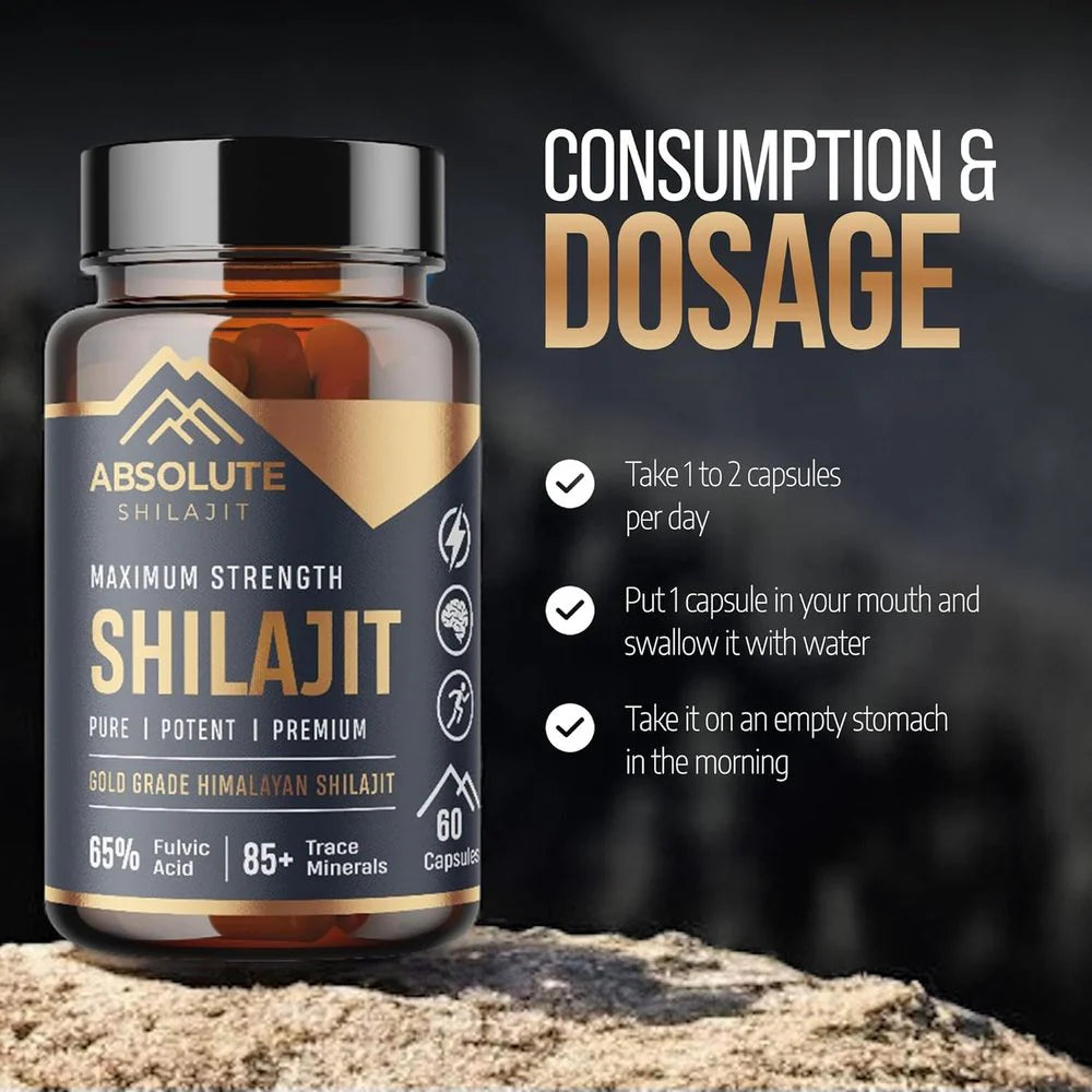 Bottle of Absolute Shilajit with consumption and dosage instructions on a dark background Horan's healthstores