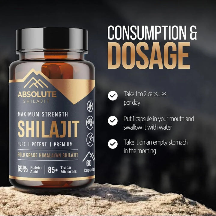 Bottle of Absolute Shilajit with consumption and dosage instructions on a dark background Horan's healthstores