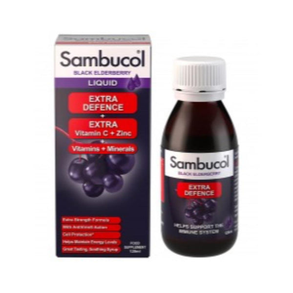 Sambucol Extra Defence Black Elderberry Liquid With Vitamin C, Zinc & More 120ml - Horans Healthstore
